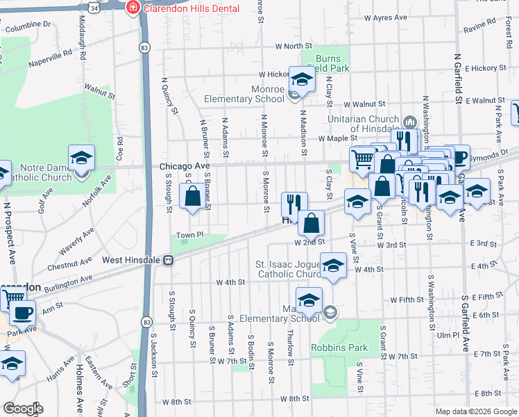 map of restaurants, bars, coffee shops, grocery stores, and more near 41 South Monroe Street in Hinsdale
