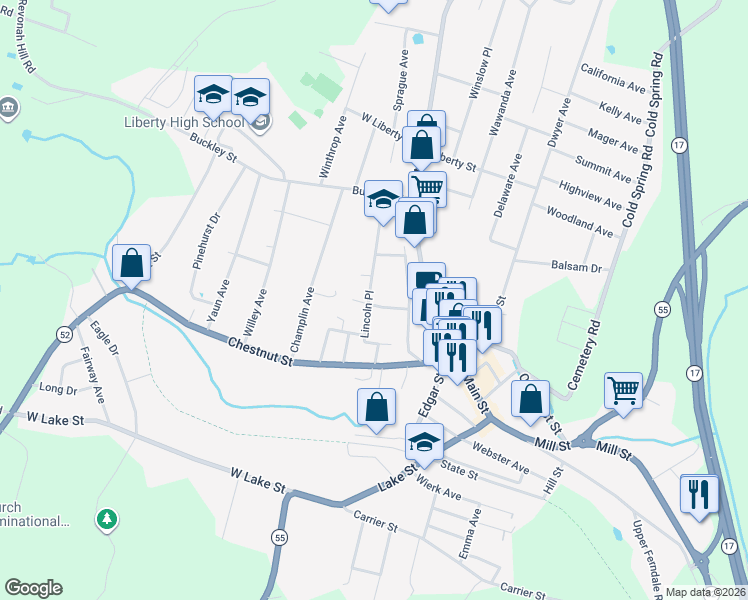 map of restaurants, bars, coffee shops, grocery stores, and more near 84 Lincoln Place in Liberty