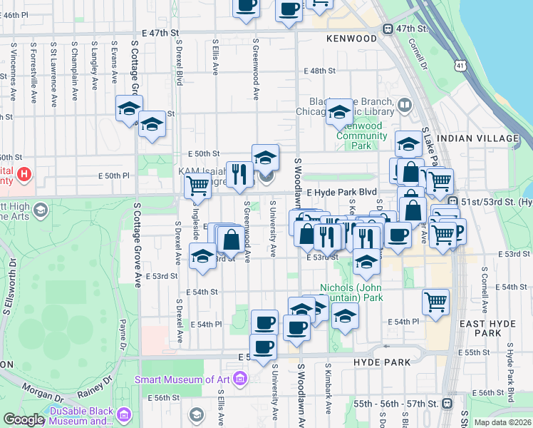map of restaurants, bars, coffee shops, grocery stores, and more near 5124 South University Avenue in Chicago
