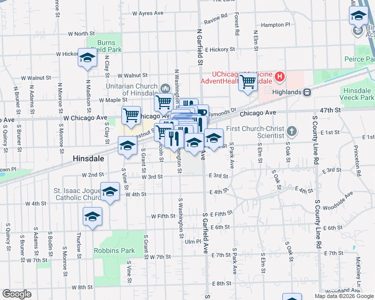 map of restaurants, bars, coffee shops, grocery stores, and more near in Hinsdale