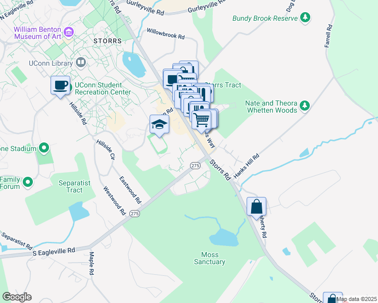 map of restaurants, bars, coffee shops, grocery stores, and more near 4 South Eagleville Road in Mansfield