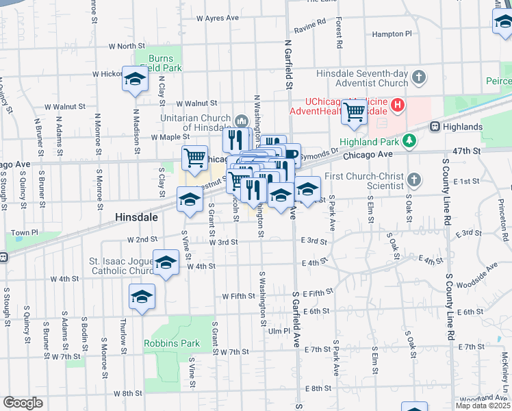 map of restaurants, bars, coffee shops, grocery stores, and more near 44 West Hinsdale Avenue in Hinsdale