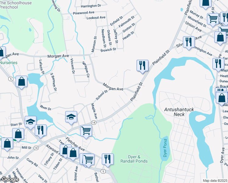 map of restaurants, bars, coffee shops, grocery stores, and more near 74 Morgan Avenue in Johnston