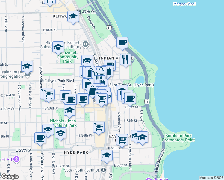 map of restaurants, bars, coffee shops, grocery stores, and more near 5128-5132 South Cornell Avenue in Chicago