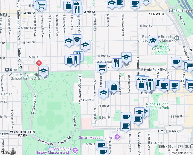 map of restaurants, bars, coffee shops, grocery stores, and more near 5125 South Drexel Avenue in Chicago