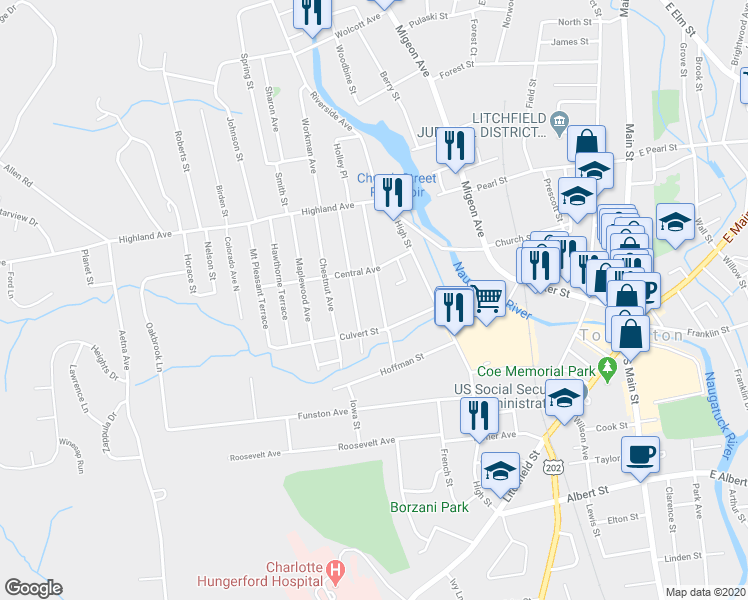 map of restaurants, bars, coffee shops, grocery stores, and more near 146 Washington Avenue Extension in Torrington