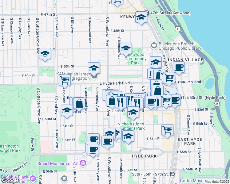 map of restaurants, bars, coffee shops, grocery stores, and more near 5124 South Kimbark Avenue in Chicago