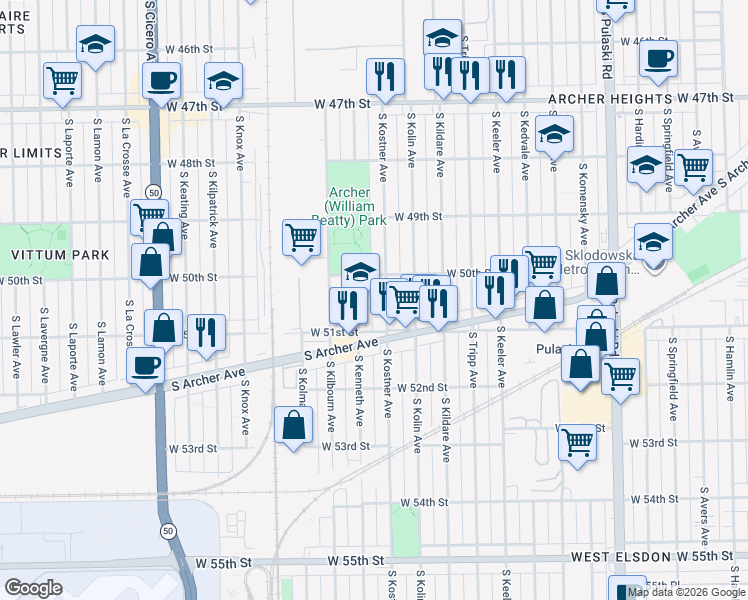 map of restaurants, bars, coffee shops, grocery stores, and more near 5029 South Kenneth Avenue in Chicago