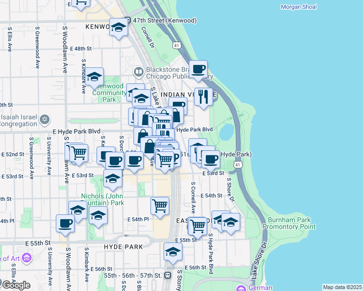 map of restaurants, bars, coffee shops, grocery stores, and more near 5132 South Cornell Avenue in Chicago