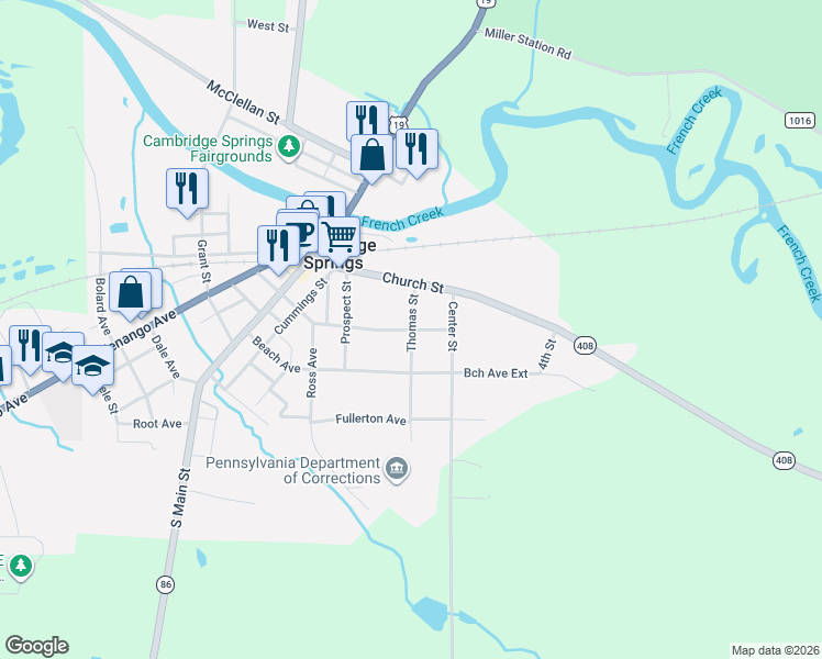 map of restaurants, bars, coffee shops, grocery stores, and more near 498 Spring St in Cambridge Springs