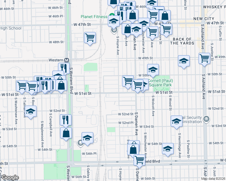 map of restaurants, bars, coffee shops, grocery stores, and more near 2127 West 50th Place in Chicago