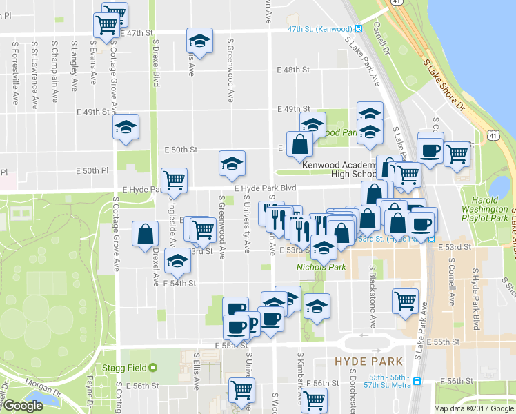 map of restaurants, bars, coffee shops, grocery stores, and more near in Chicago