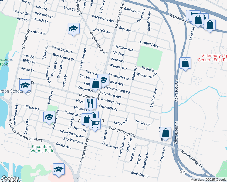 map of restaurants, bars, coffee shops, grocery stores, and more near 57 Allerton Avenue in East Providence