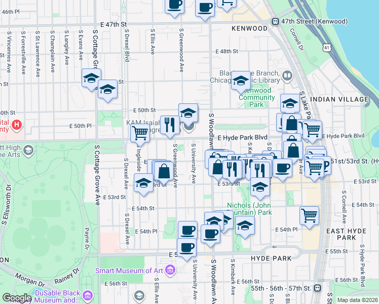 map of restaurants, bars, coffee shops, grocery stores, and more near 1123 East Hyde Park Boulevard in Chicago