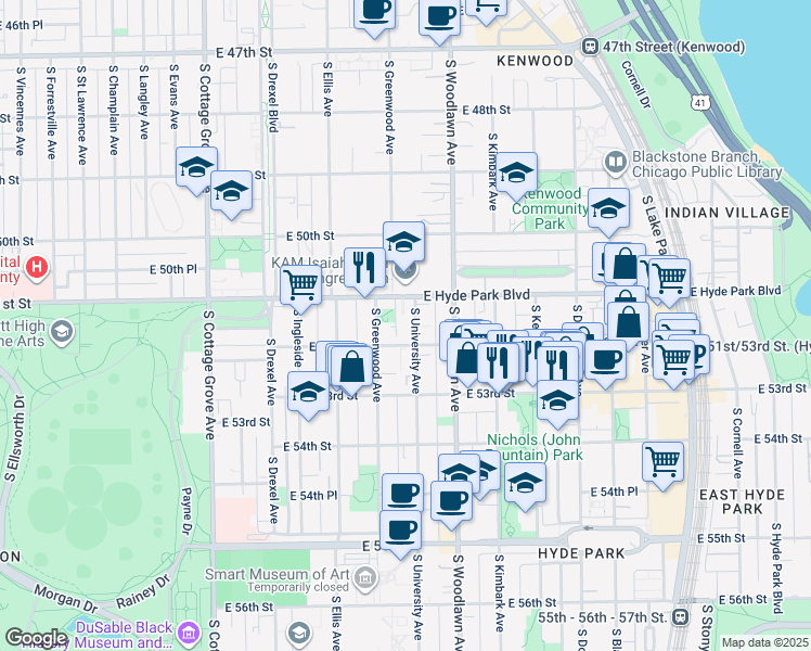 map of restaurants, bars, coffee shops, grocery stores, and more near 5124 South University Avenue in Chicago