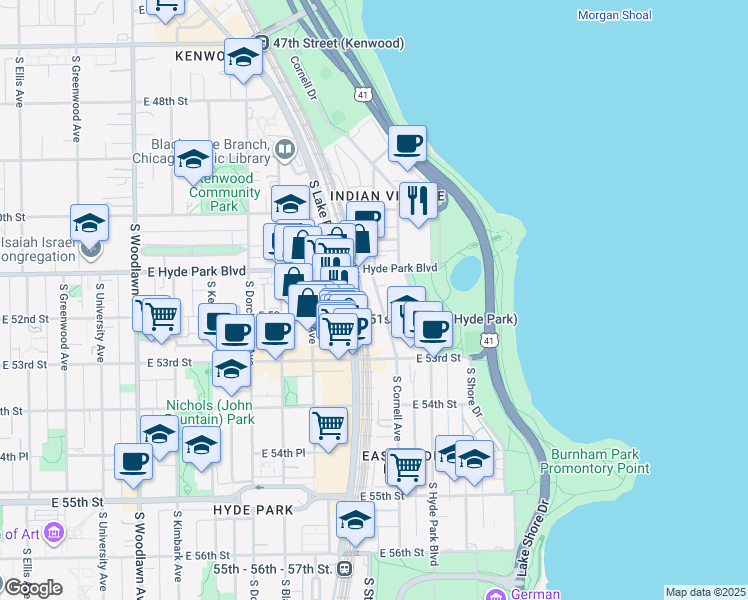 map of restaurants, bars, coffee shops, grocery stores, and more near 5114 South Cornell Avenue in Chicago