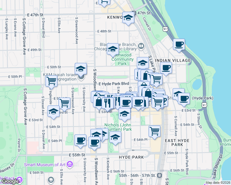 map of restaurants, bars, coffee shops, grocery stores, and more near 5110 South Kenwood Avenue in Chicago