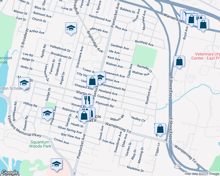 map of restaurants, bars, coffee shops, grocery stores, and more near 57 Allerton Avenue in East Providence