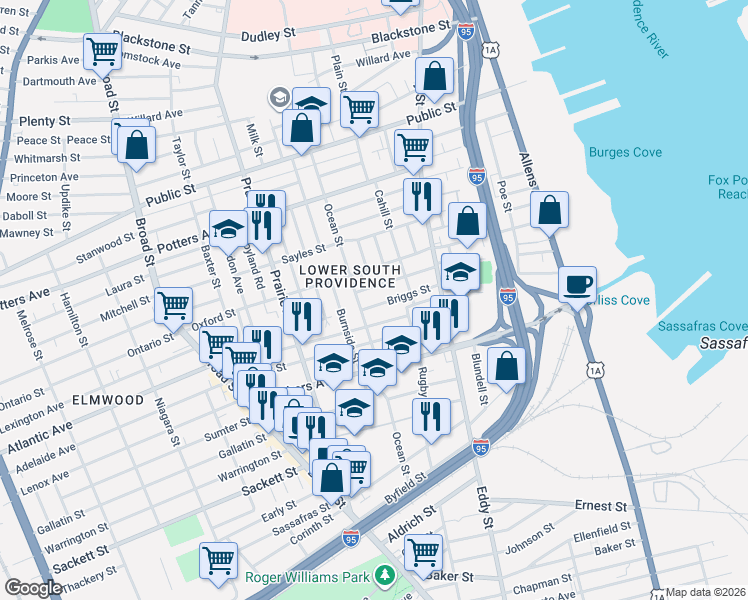 map of restaurants, bars, coffee shops, grocery stores, and more near 67 Ashmont Street in Providence