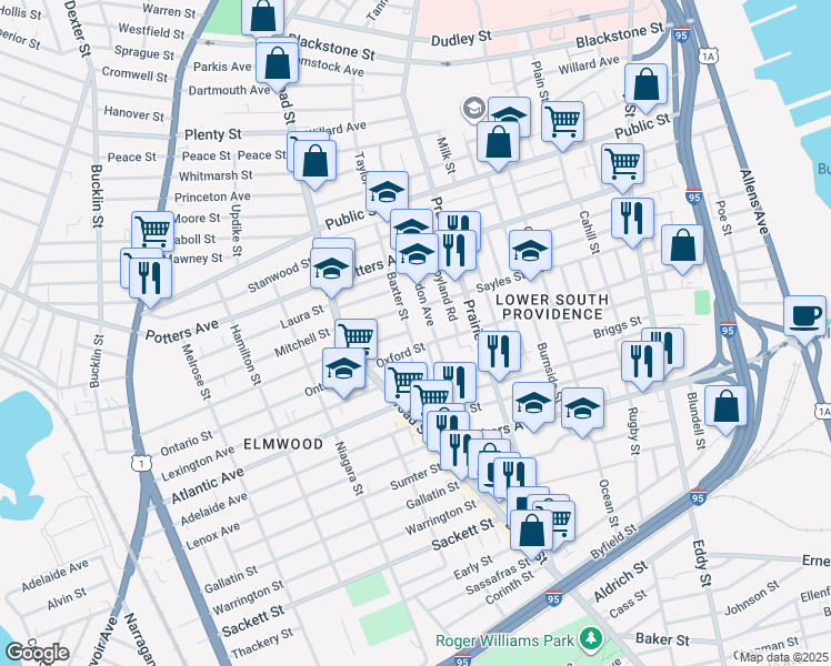 map of restaurants, bars, coffee shops, grocery stores, and more near 132 Gordon Avenue in Providence