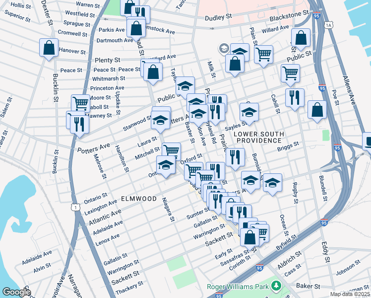 map of restaurants, bars, coffee shops, grocery stores, and more near 10 Lillian Avenue in Providence