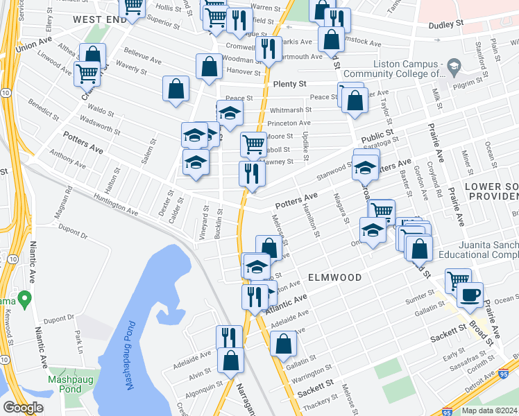 map of restaurants, bars, coffee shops, grocery stores, and more near 716 Public Street in Providence
