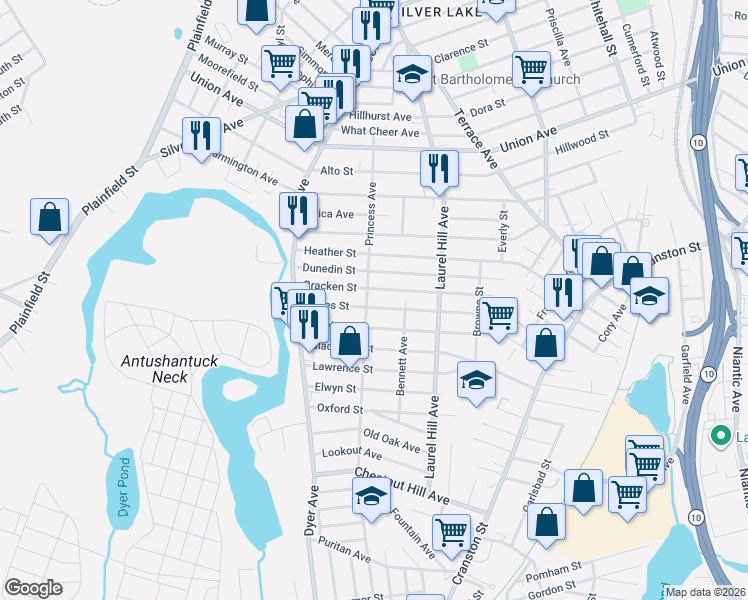 map of restaurants, bars, coffee shops, grocery stores, and more near 364 Princess Avenue in Cranston
