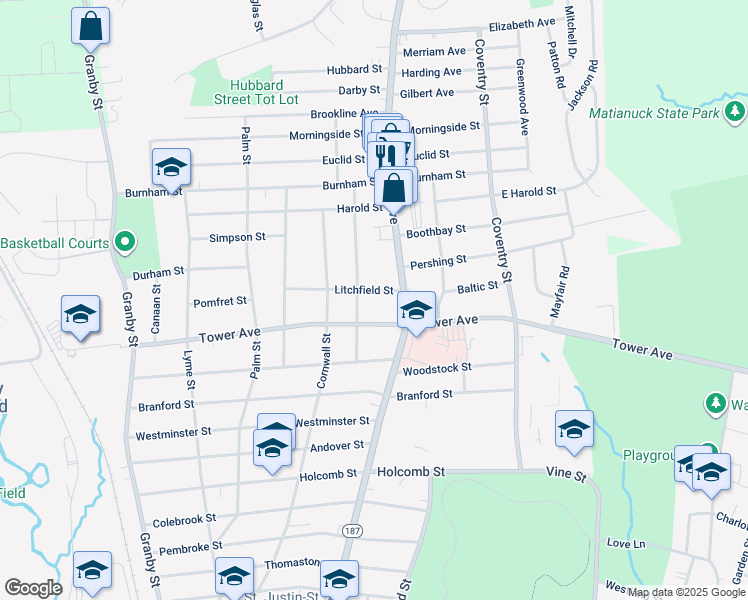 map of restaurants, bars, coffee shops, grocery stores, and more near 22 Litchfield Street in Hartford