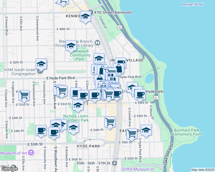 map of restaurants, bars, coffee shops, grocery stores, and more near 5110 South Harper Avenue in Chicago