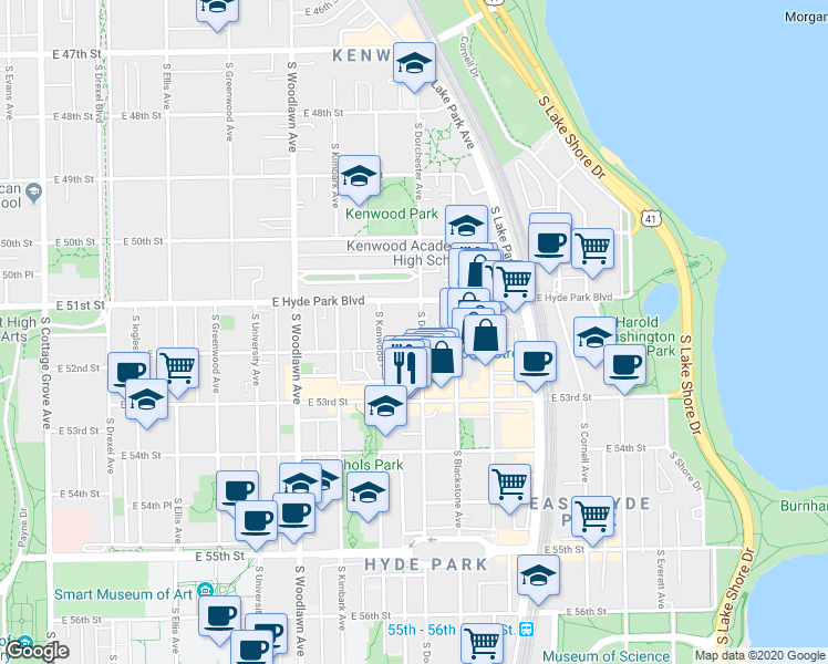 map of restaurants, bars, coffee shops, grocery stores, and more near 5112 South Dorchester Avenue in Chicago