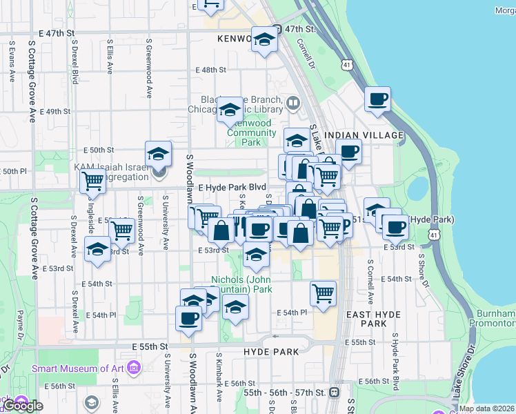 map of restaurants, bars, coffee shops, grocery stores, and more near 5112 South Dorchester Avenue in Chicago