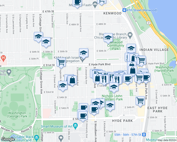 map of restaurants, bars, coffee shops, grocery stores, and more near 1123 East Hyde Park Boulevard in Chicago