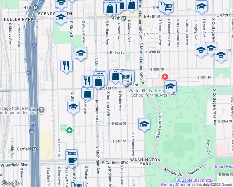 map of restaurants, bars, coffee shops, grocery stores, and more near 239 East 51st Street in Chicago