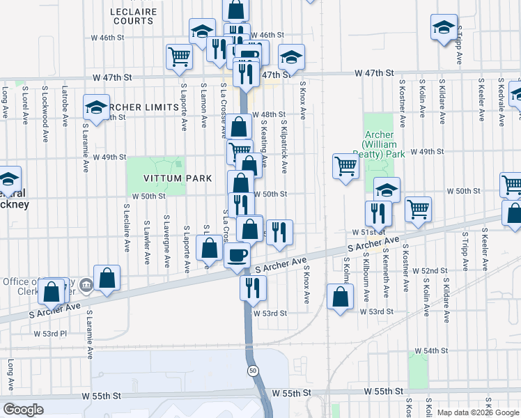 map of restaurants, bars, coffee shops, grocery stores, and more near 5017 South Cicero Avenue in Chicago