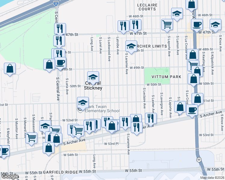 map of restaurants, bars, coffee shops, grocery stores, and more near 4958 Latrobe Avenue in Chicago
