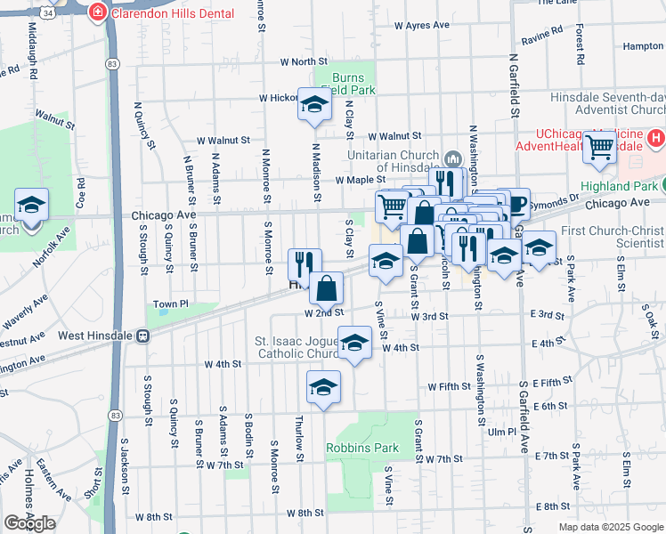 map of restaurants, bars, coffee shops, grocery stores, and more near 40 South Clay Street in Hinsdale