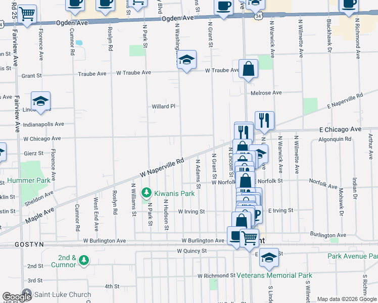 map of restaurants, bars, coffee shops, grocery stores, and more near 259 North Washington Street in Westmont