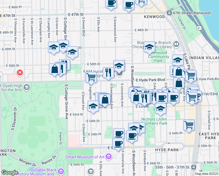 map of restaurants, bars, coffee shops, grocery stores, and more near 1031 East Hyde Park Boulevard in Chicago