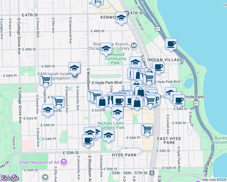 map of restaurants, bars, coffee shops, grocery stores, and more near 5125 South Kenwood Avenue in Chicago