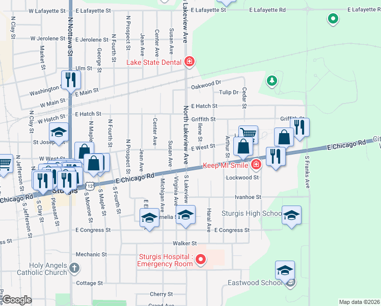 map of restaurants, bars, coffee shops, grocery stores, and more near 68587 Lakeview Road in Sturgis