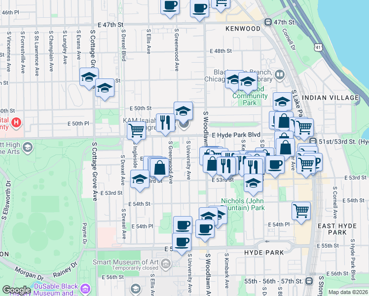 map of restaurants, bars, coffee shops, grocery stores, and more near 5124 South University Avenue in Chicago