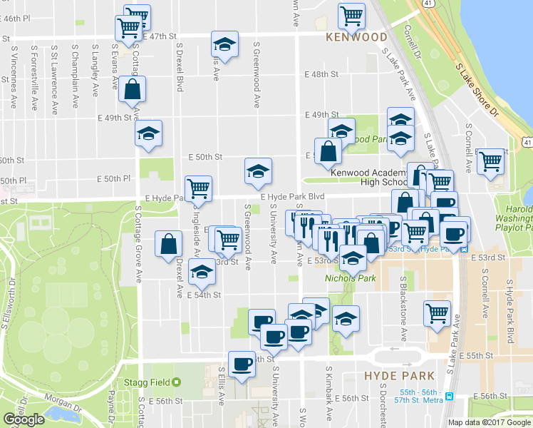 map of restaurants, bars, coffee shops, grocery stores, and more near 1123 East Hyde Park Boulevard in Chicago