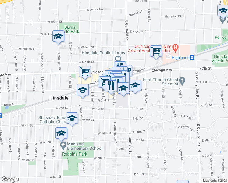 map of restaurants, bars, coffee shops, grocery stores, and more near South Washington Street & West 1st Street in Hinsdale