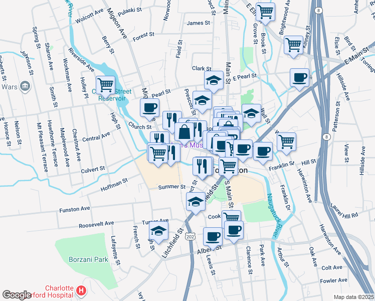 map of restaurants, bars, coffee shops, grocery stores, and more near 117 Water Street in Torrington