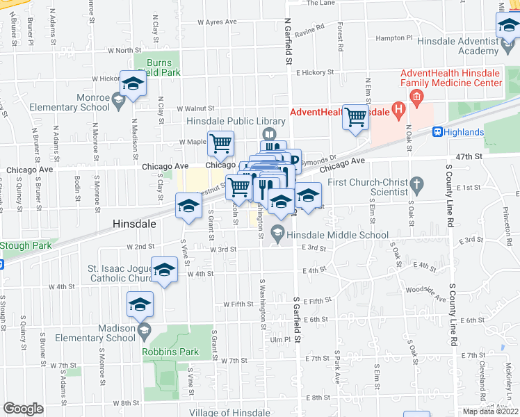 map of restaurants, bars, coffee shops, grocery stores, and more near South Washington Street & West 1st Street in Hinsdale