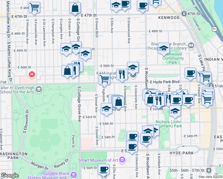 map of restaurants, bars, coffee shops, grocery stores, and more near 5120 South Ellis Avenue in Chicago