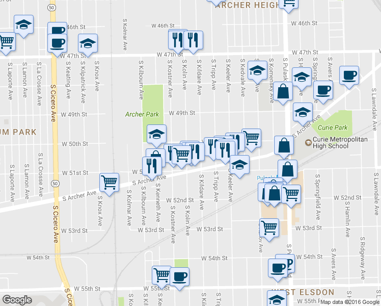 map of restaurants, bars, coffee shops, grocery stores, and more near 5023 South Kolin Avenue in Chicago