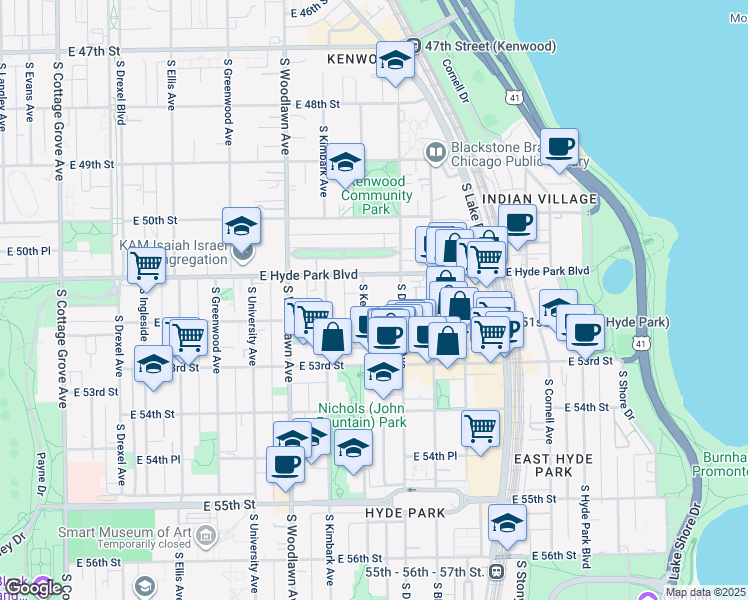 map of restaurants, bars, coffee shops, grocery stores, and more near 5112 South Dorchester Avenue in Chicago