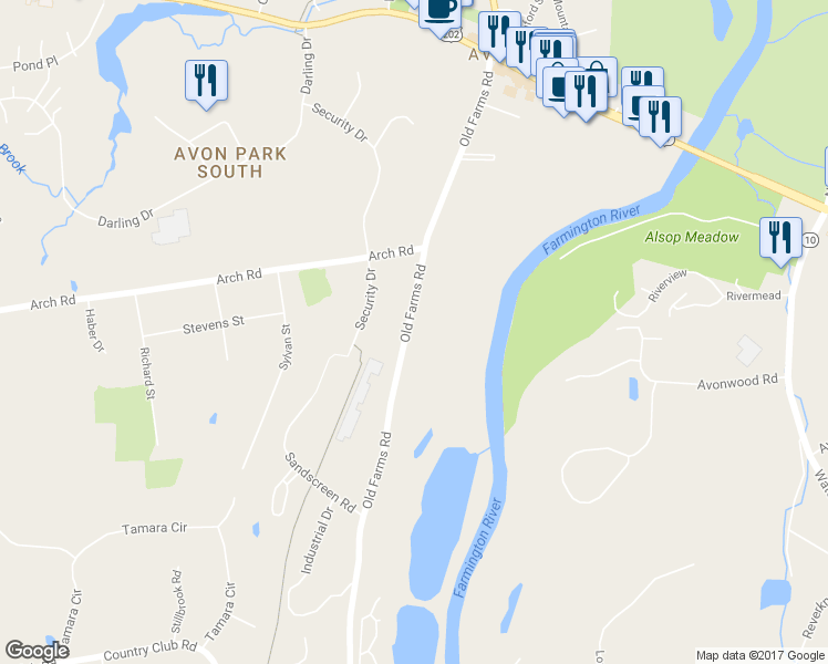 map of restaurants, bars, coffee shops, grocery stores, and more near 118 Old Farms Road in Avon