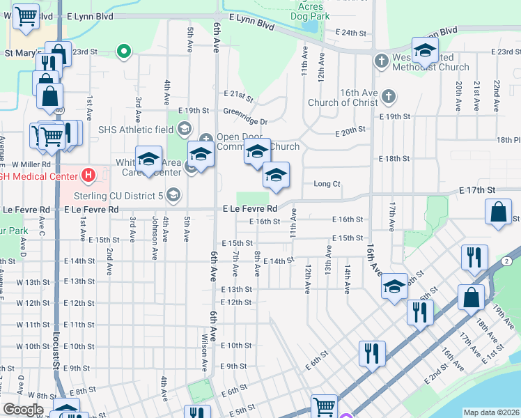 map of restaurants, bars, coffee shops, grocery stores, and more near 806 East Le Fevre Road in Sterling
